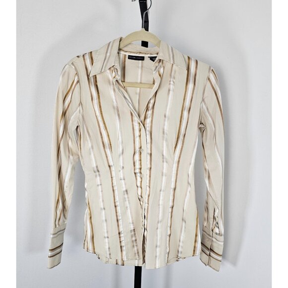 Women’s New York & Company Stretch Beige and Brown Striped Button Down Top SZ XS - Picture 1 of 10